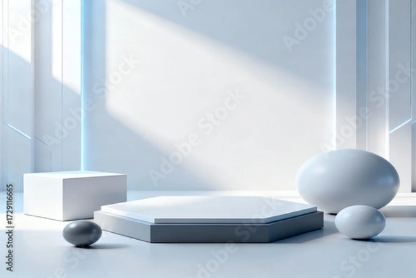 Obraz Modern minimalistic 3D background of premium metallic geometry and dynamic forms, highlighted by gold, silver, and vibrant neon light accents.