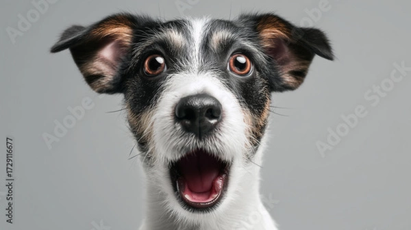Fototapeta Surprised dog studio portrait with mouth open and wide eyes