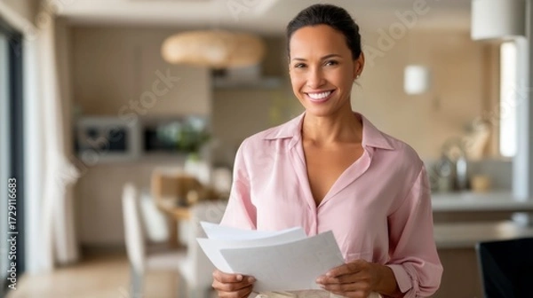 Obraz Business meeting preparation professional woman organizing documents in modern office environment
