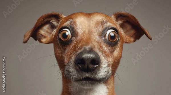 Fototapeta Studio portrait of shocked dog isolated on plain background