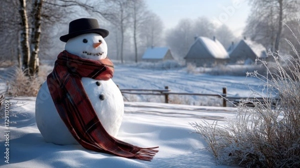 Obraz Winter wonderland snowman in serene village nature scene tranquil setting captured in frosty morning light