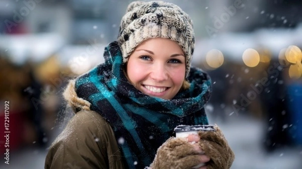 Obraz Enjoying hot cocoa in winter wonderland christmas market lifestyle portrait snowy atmosphere warm smiles