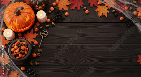 Fototapeta Halloween themed setup with pumpkins, spiders, keys, leaves, candles, and candy on a wooden table. Perfect for festive autumn designs.