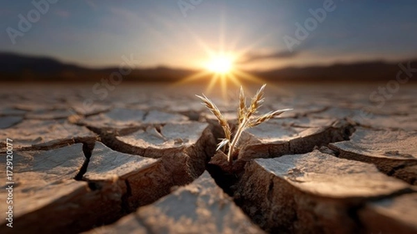 Obraz Resilience in nature a single grass sprout emerges from parched earth at sunrise capturing hope and renewal
