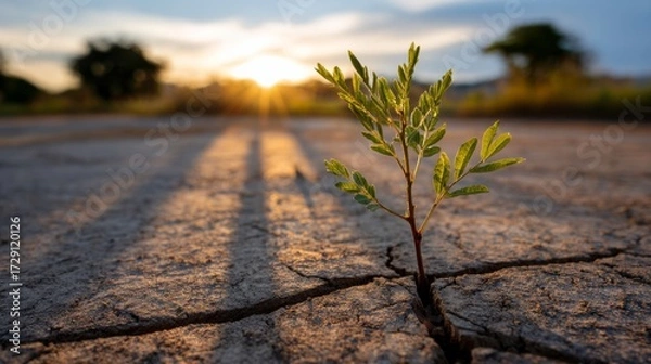 Obraz Resilient green shoot breaking through cracked soil at sunset nature scene close-up viewpoint hope and renewal concept