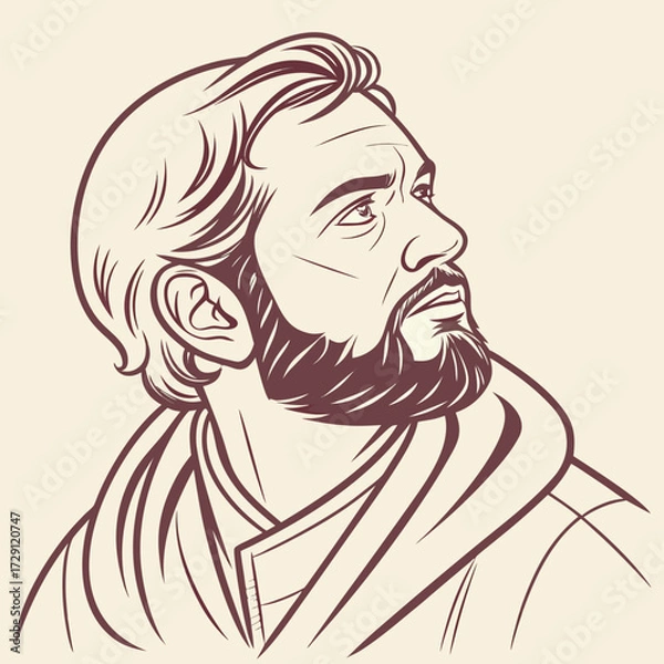Fototapeta A stylized line art portrait of a bearded man looking upwards with a thoughtful expression against a simple cream background