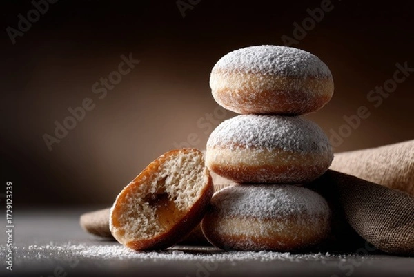 Fototapeta A delicious stack of powdered donuts, with one cut in half, showcasing its fluffy interior against a dark, elegant backdrop.