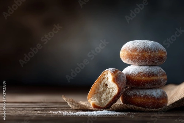 Fototapeta A close-up image of powdered doughnuts stacked on a wooden surface, showcasing their texture and inviting appearance.