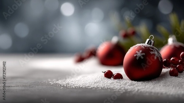 Fototapeta A festive arrangement featuring red Christmas ornaments on a soft, snowy surface, evoking a cozy holiday atmosphere.