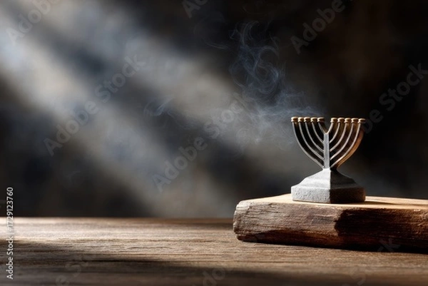 Fototapeta A beautifully lit menorah stands on a wooden surface, surrounded by swirling smoke, capturing a serene and contemplative atmosphere.