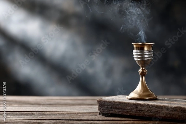 Fototapeta A golden chalice on a wooden surface, emitting wisps of smoke, creates an ethereal atmosphere with soft lighting and a blurred background.