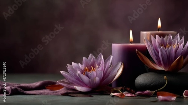 Fototapeta A tranquil arrangement featuring purple lotus flowers, candles, and stones, creating a serene atmosphere with a soft, dark background.