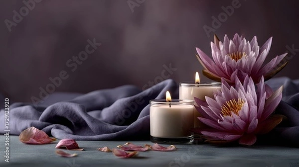 Fototapeta A serene arrangement featuring lit candles and pink lotus flowers on a textured surface, complemented by soft fabric and scattered petals.