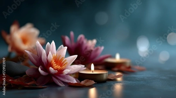 Fototapeta A serene arrangement of water lilies and candles, creating a tranquil atmosphere with soft lighting and colorful petals.