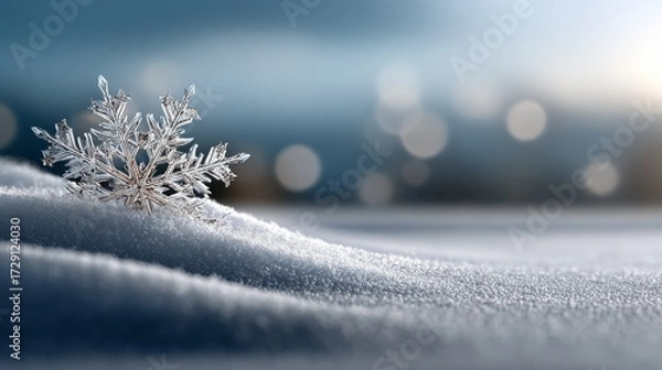 Fototapeta A close-up of a delicate snowflake resting atop soft, sparkling snow, illuminated by a gentle light, creating a serene winter scene.