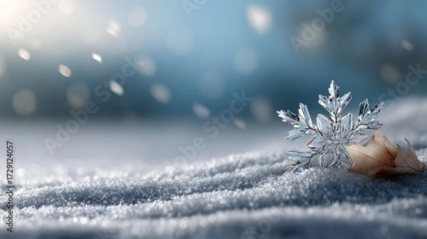 Fototapeta A delicate snowflake rests on soft snow, surrounded by gentle snowfall, creating a serene winter scene with a touch of nature's beauty.