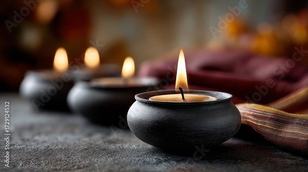 Fototapeta A serene arrangement of lit candles in dark ceramic holders, creating a warm and inviting atmosphere for relaxation and ambiance.