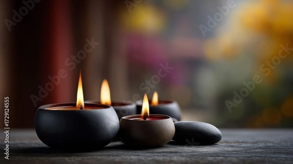 Fototapeta Elegant candles in stone holders create a tranquil ambiance, casting warm light against a blurred floral background.