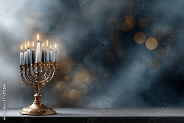 Fototapeta A beautifully lit menorah with candles glowing against a blurred, ethereal background, creating a serene and festive atmosphere.