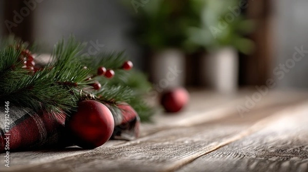 Fototapeta A cozy holiday scene featuring festive red ornaments, pine branches, and a rustic wooden table, evoking a warm Christmas atmosphere.