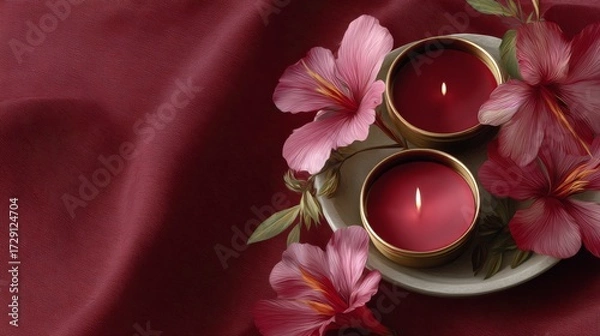 Fototapeta A serene arrangement featuring two red candles surrounded by vibrant pink hibiscus flowers on a rich red fabric backdrop.
