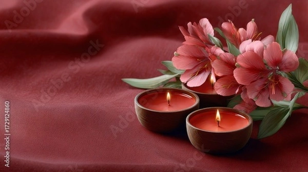 Fototapeta A serene composition featuring three lit candles and vibrant pink flowers on a rich red fabric backdrop, creating a calming atmosphere.