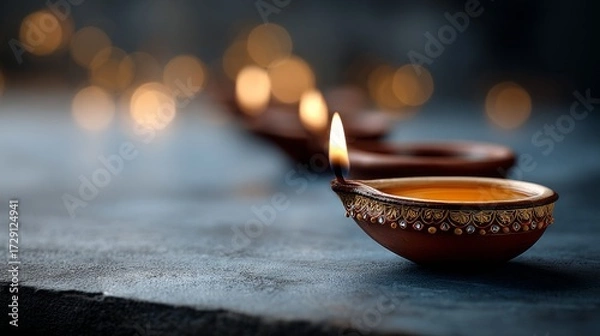Fototapeta A beautifully lit oil lamp adorns a dark surface, with glowing bokeh lights creating a serene atmosphere.