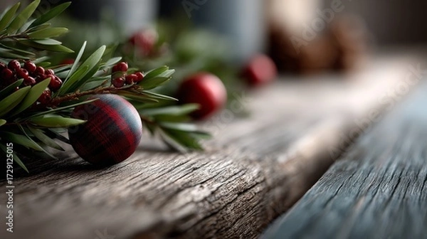 Fototapeta A festive arrangement of greenery and ornaments on rustic wood, evoking a cozy holiday atmosphere.