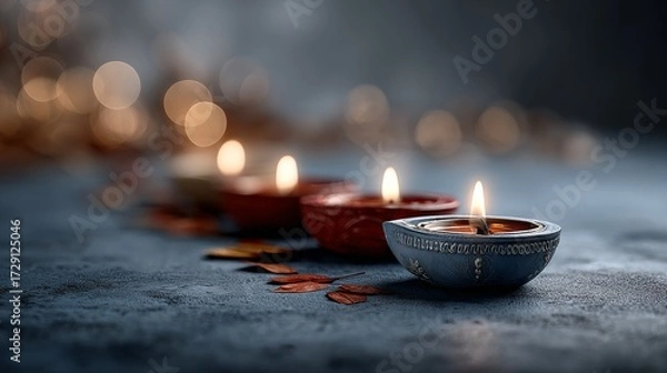 Fototapeta A serene arrangement of decorative candles glowing softly against a blurred background, evoking warmth and tranquility.