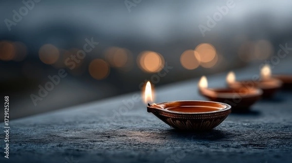 Fototapeta A close-up of illuminated oil lamps on a surface, creating a warm, inviting atmosphere with a soft, blurred background.