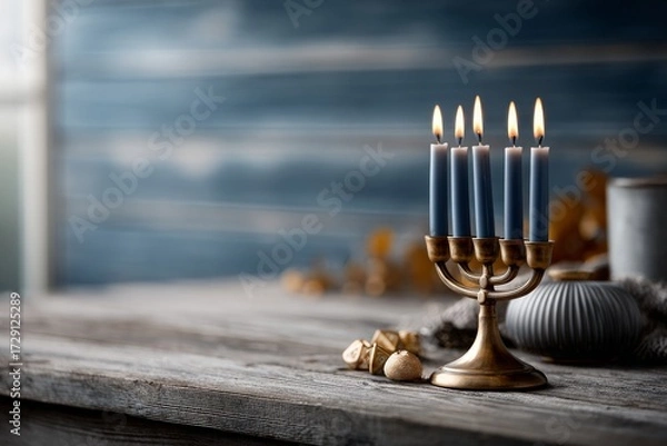 Fototapeta A beautifully lit menorah with blue candles sits on a rustic wooden table, creating a warm and inviting atmosphere against a soft blue background.