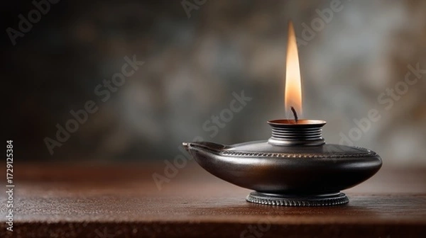 Fototapeta An elegantly crafted oil lamp with a flickering flame, set against a softly blurred background, creating a warm and inviting ambiance.