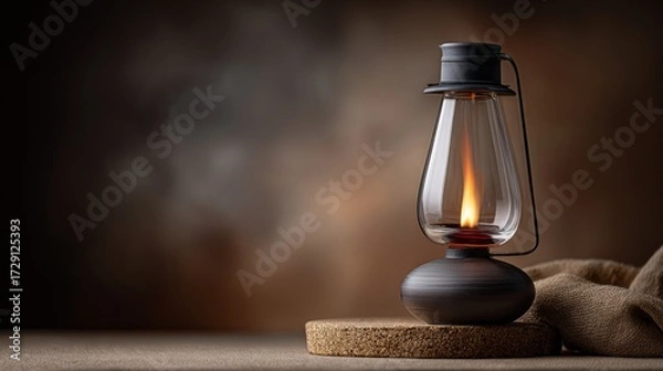 Fototapeta A vintage lantern with a flickering flame, resting on a cork surface, surrounded by a soft fabric, casting a warm glow in a dimly lit environment.