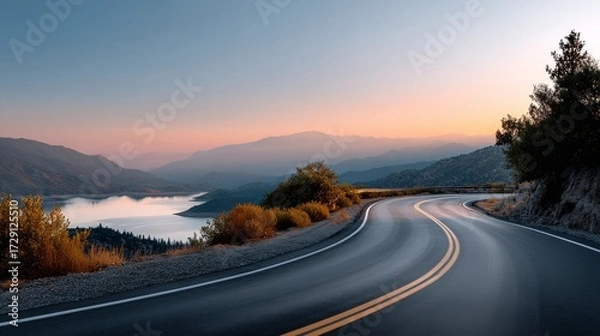 Fototapeta A winding road curves alongside a serene lake, framed by mountains and illuminated by a soft sunset glow.