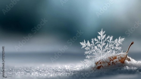 Fototapeta A delicate snowflake rests on a brown leaf, surrounded by a serene snowy landscape, creating a peaceful winter scene.