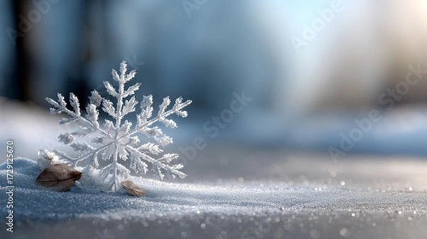 Fototapeta A delicate snowflake rests on pristine snow, glistening in the soft light, creating a serene winter scene.