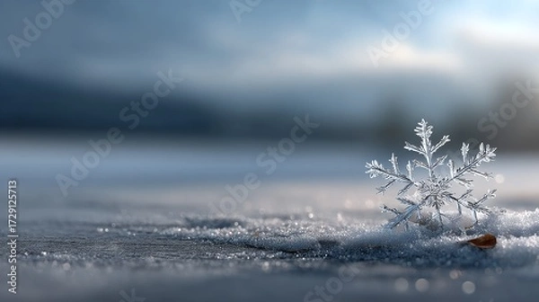 Fototapeta A delicate snowflake rests on a glistening surface, surrounded by a serene, softly blurred winter landscape.