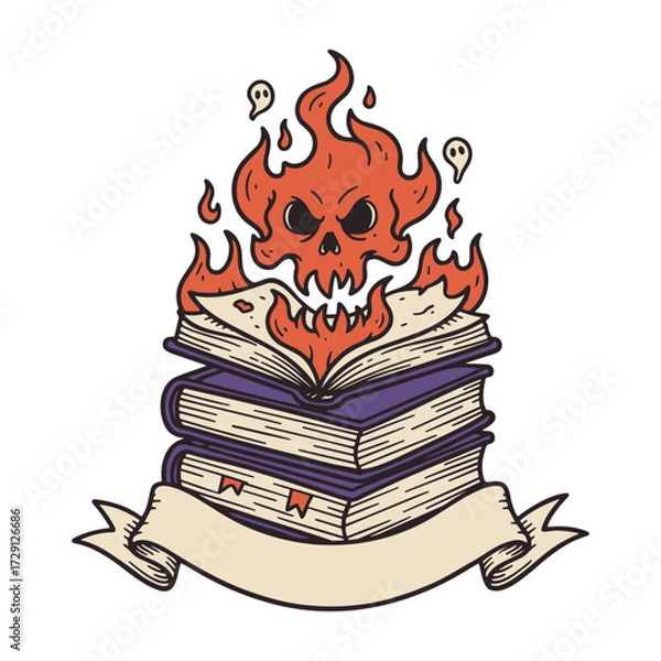 Fototapeta cartoon stack of burning books with a spooky skull shape flame with a blank banner, fantasy Halloween illustration