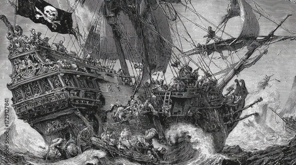 Fototapeta Black and white detailed line art etching of a massive pirate ship, The Sea Serpent, battling monstrous waves in a stormy ocean. 
