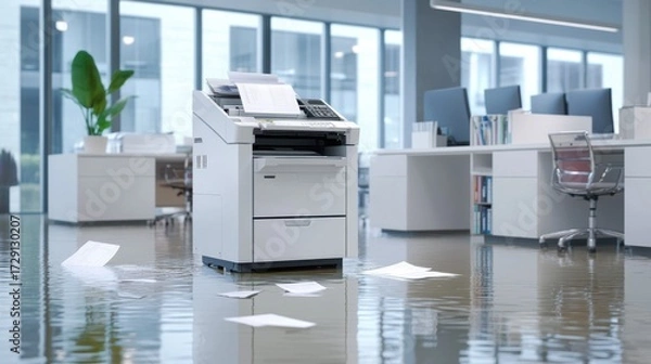 Fototapeta An office workspace is flooded with water, featuring a large multifunction printer surrounded by floating wet papers and office furniture.