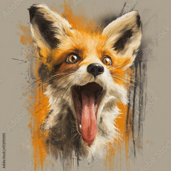 Fototapeta Artistic portrait of a funny fox with an open mouth and tongue out in bright paint strokes
