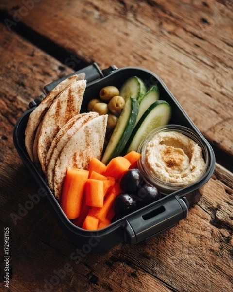 Fototapeta Healthy snack box featuring pita bread, fresh vegetables, olives, and hummus, arranged beautifully on rustic wooden table, showcasing vibrant colors and nutritious options