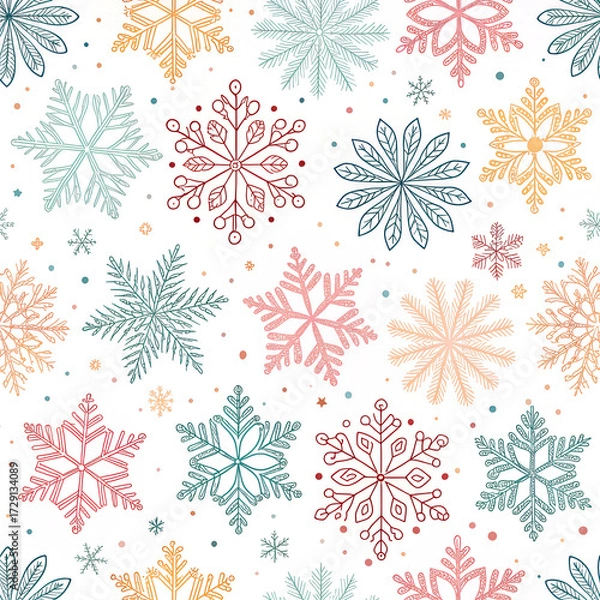Fototapeta Seamless repeating pattern of colorful snowflakes in pastel palette, playful and modern, no text
