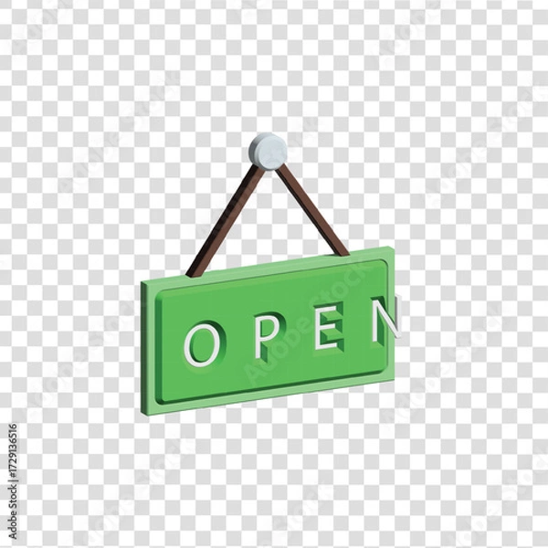 Fototapeta 3D open shop sign icon PNG with transparent background, representing business availability, retail store, and welcoming customers.