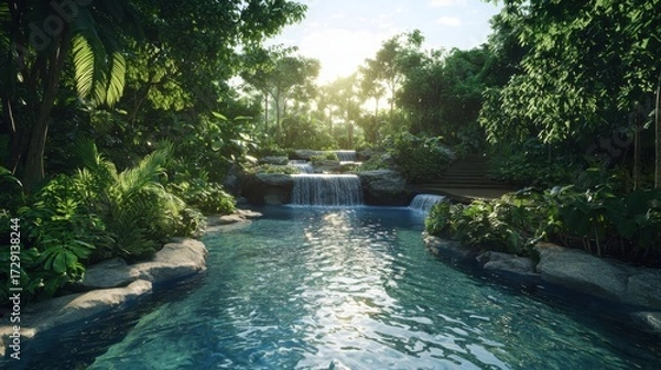 Fototapeta Tranquil waterfall scene lush forest nature photography serene environment captivating viewpoint