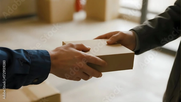 Fototapeta Hands exchanging cardboard package symbolizing delivery and shipping service