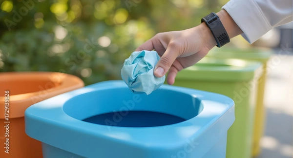 Obraz Person Throwing Paper into Recycling Bin
