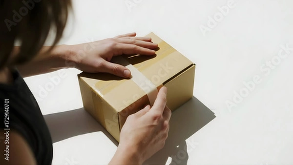 Fototapeta Professional package sealing process for shipping and delivery