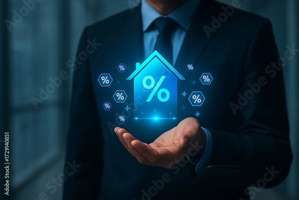 Obraz Real Estate Mortgage Interest Rates – Businessman Presenting Digital House Icon with Percentage Symbol for Finance and Investment