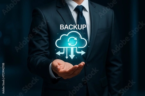 Fototapeta Cloud Data Backup Solutions – Businessman Showcasing Secure Cloud Storage and Data Recovery Technology